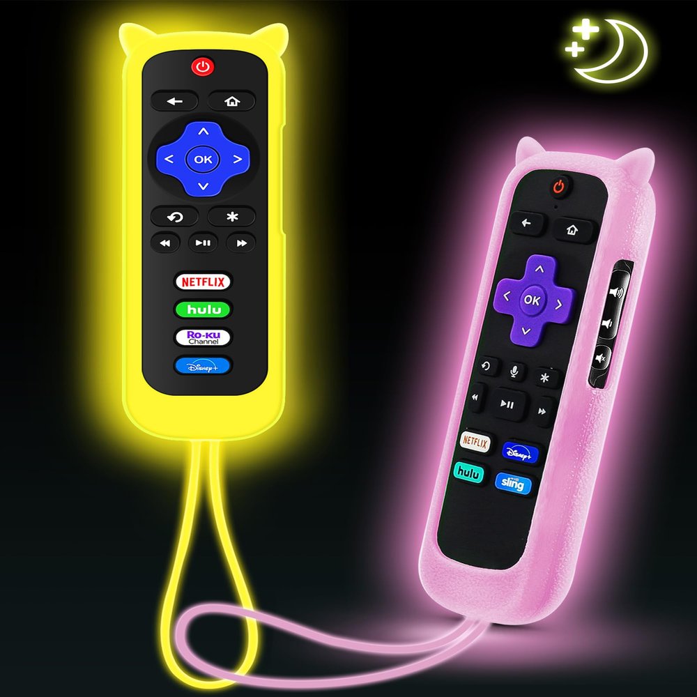 2Pack ONEBOM Cover for Roku Remote with Cat Ears Design,Silicone Skin Case Compatible with Hisense/TCL Roku TV,Steaming Stick/Express,Universal Controller Glow in The Dark(Glow Pink&Glow Yellow)