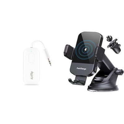 Twelve South AirFly Pro Bluetooth Wireless Audio Transmitter/Receiver for up to 2 AirPods & CHGeek Wireless Car Charger, 15W Fast Charging Auto Clamping Car Charger Phone Mount Phone Holder