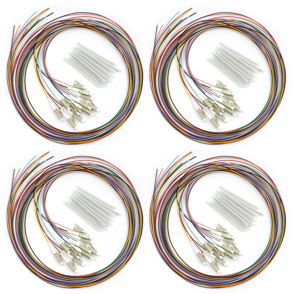 Bangun 4Pack 12 Strand Multimode OM3 50/125 LC-UPC Fiber Pigtail, 1.5 Meters LC-OM3 Fiber Optic Pigtail, Includes 48 Fiber Optic Fusion Splice Protective Shrink Sleeves