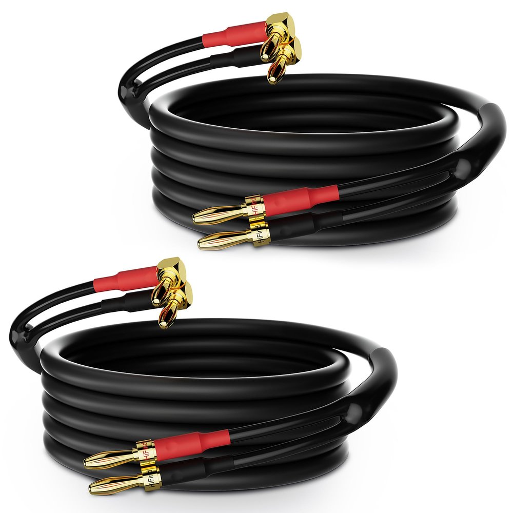 HiFind Speaker Cable Wire 8 Ft/2 Pack with Gold-Plated 90 Degree Angled to Straight Banana Tip Plugs-UL CL3 Rated-Indoor&Outdoor-16 AWG Tinned Copper for Bi-Wire Bi-Amp HiFi Sound