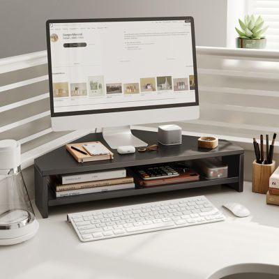 Corner Monitor Stand Wood Cut Triangle Corner Computer Stand, Desk Corner Monitor Riser with Storage Keyboard Mouse, Screen Stand Office Workspace Organizer ( Color : Black , Size : H-13cm(5 1/8") )