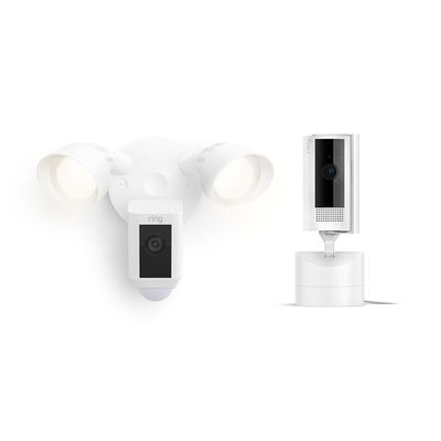 Ring Pan-Tilt Indoor Cam, White with Ring Floodlight Cam Wired Plus, White