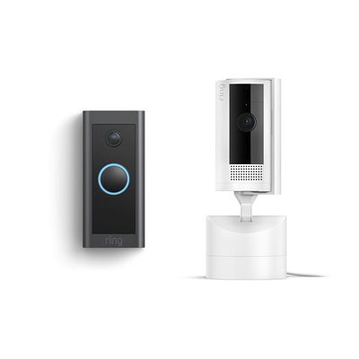 Ring Pan-Tilt Indoor Cam, White with Ring Video Doorbell Wired, Black