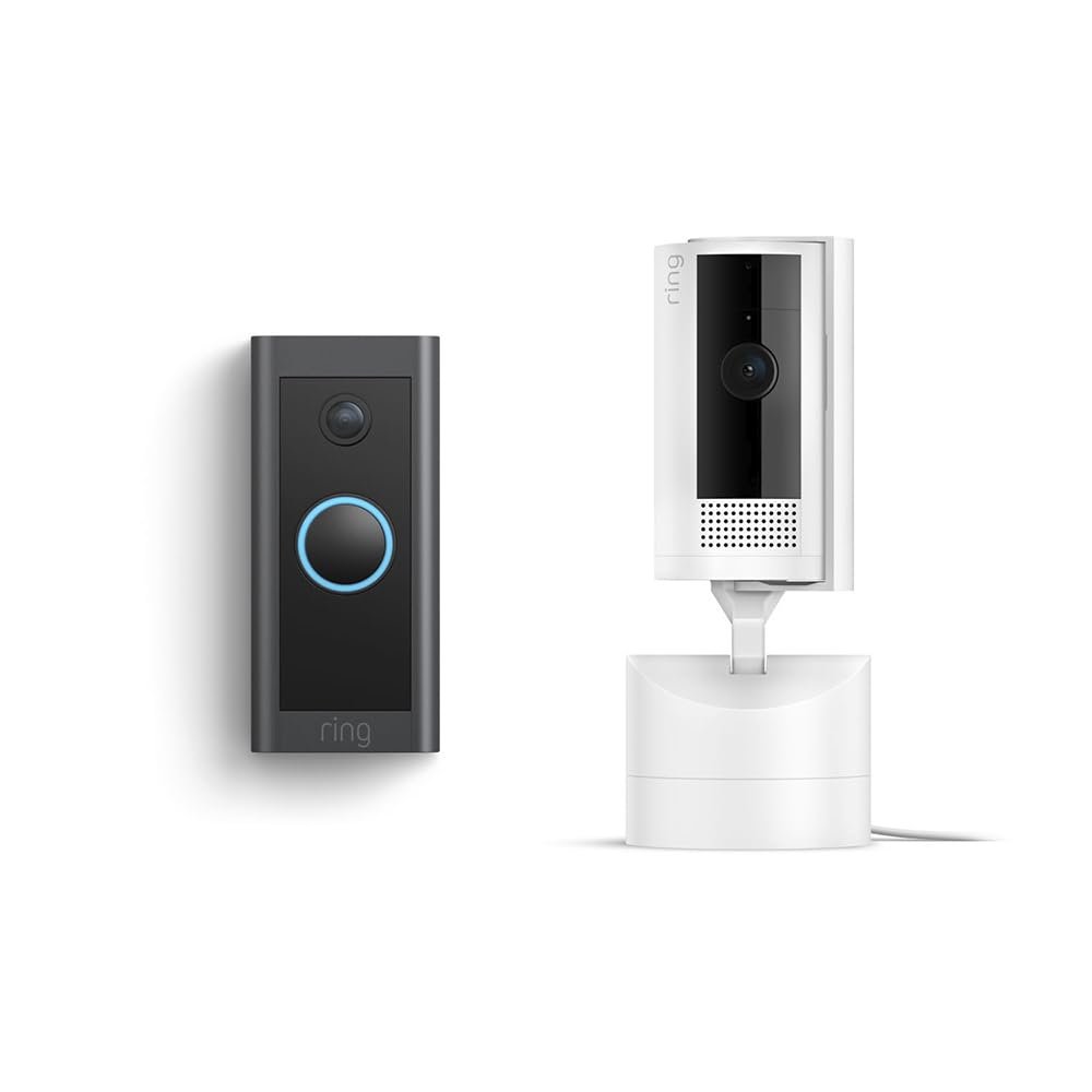 Ring Pan-Tilt Indoor Cam, White with Ring Video Doorbell Wired, Black