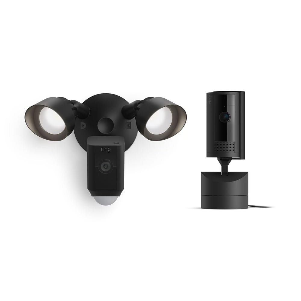 Ring Pan-Tilt Indoor Cam, Black with Ring Floodlight Cam Wired Plus, Black