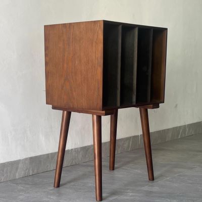 JCHENGS Record Player Stand,Turntable Stand Holds About 100 Albums,Mid-Century Vinyl Storage Cabinet Table with Wood Legs,Record Player Holder Dispaly Shelf for Living Room (Black Walnut)