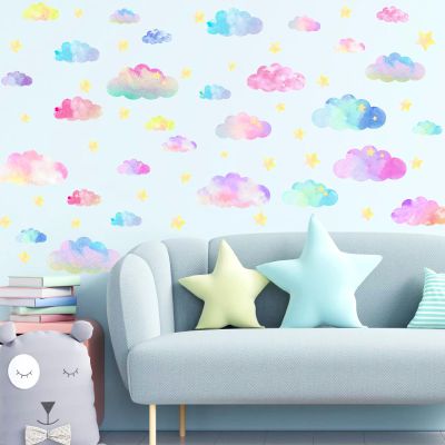 Colorful Clouds Wall Decal Watercolor Cloud Wall Decals Cloud Star Wall Stickers Removable Clouds Stickers for Walls Cute Clouds Decals for Nursery Baby Room Bedroom Girl Room Decor