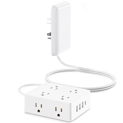 Flat Extension Cord with Outlet Cover, Olcorife Flat Plug Power Strip with 8 Outlets and 4 USB Ports, 2000 Joules Surge Protector, 5 FT Cord Hidden Outlet Extender for Tight Spaces
