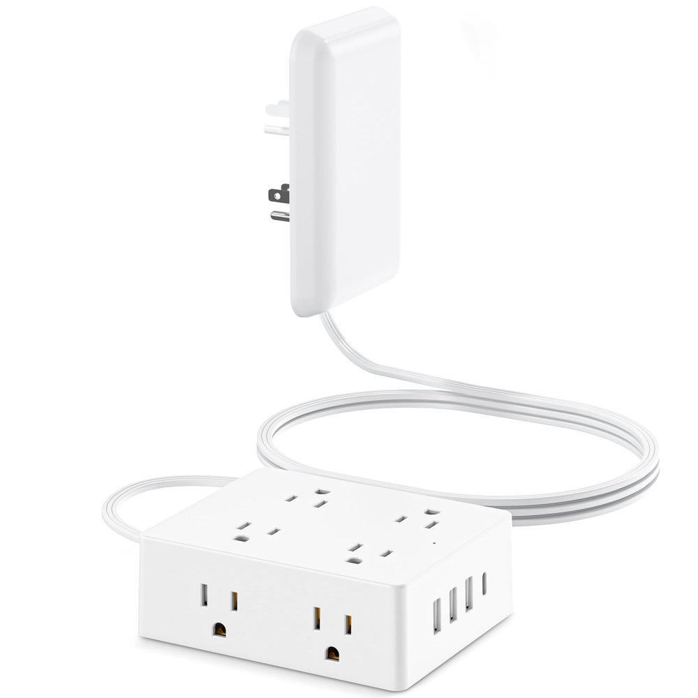 Flat Extension Cord with Outlet Cover, Olcorife Flat Plug Power Strip with 8 Outlets and 4 USB Ports, 2000 Joules Surge Protector, 5 FT Cord Hidden Outlet Extender for Tight Spaces