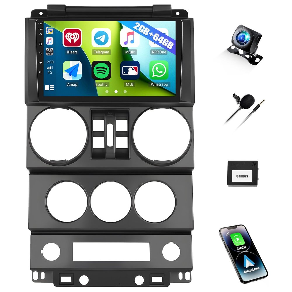 2GB+64GB Car Radio Stereo for Jeep Wrangler 2007 2008 2009 2010 (4 Door) with Wireless Carplay Android Auto 9" Android Touch Screen Car Stereo with GPS Navigation HiFi WiFi Bluetooth FM Backup Camera
