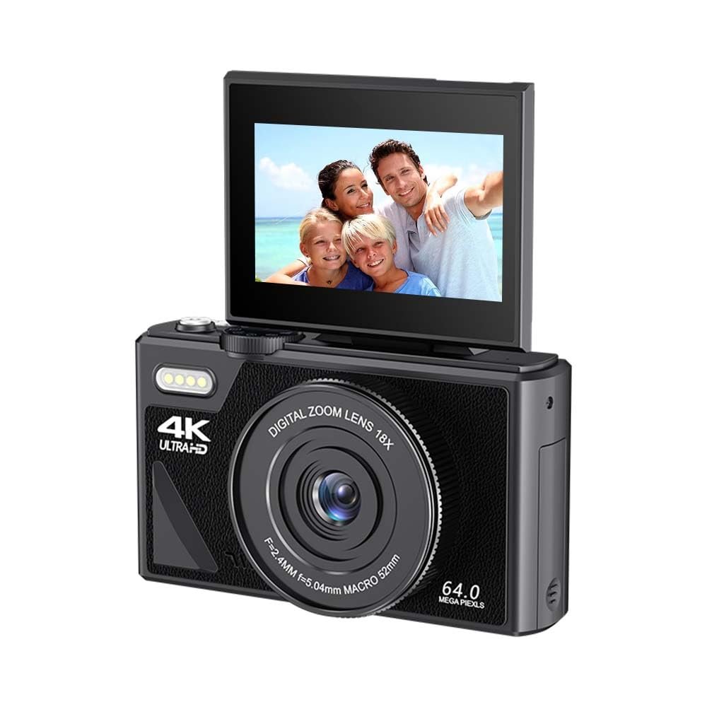 64MP Digital Camera for Photography and Video: 4K Vlogging Camera for YouTube with 3'' Flip Screen and 32GB TF Card, 16X Digital Zoom Digital Camera for Gift (Black)