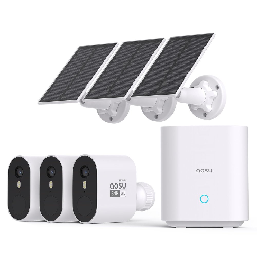 aosu 5MP Solar Security Cameras Wireless Outdoor, 166 Ultra-Wide-Angle, Home Security Camera System 3-Cam Kit with Color Night Vision, Spotlight, No Subscription, Support 2.4G & 5G WiFi Router
