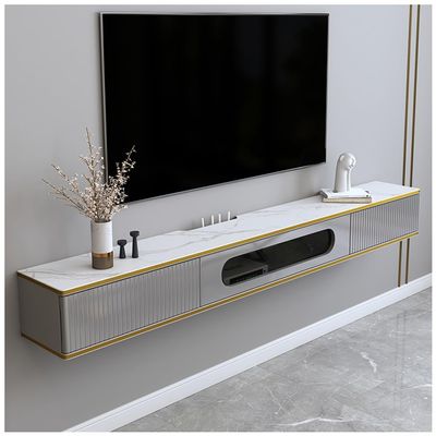 PetterShop Floating TV Stand in Solid, Wall Mounted TV Cabinet, Floating TV Shelves with Door & Drawers, Large Storage TV Bench (Color : Grey, Size : 150cm)