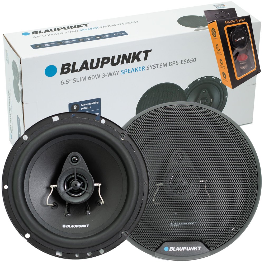 BLAUPUNKT BPS-ES650 6.5" 3-Way Slim Car Speaker 120W with Grilles Sound, Space-Saving Design, Durable  Pair Bundle with Gravity Magnet Phone Holder