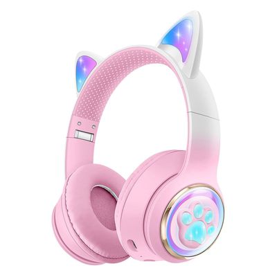 Cat Ear Bluetooth Headphones for Kids & Adults, RGB Light, Bluetooth 5.3 Wireless Foldable & Wired Multi-Function Over Ear Headphones with Mic and Volume Control for iPhone/iPad/Laptop/PC (pink)