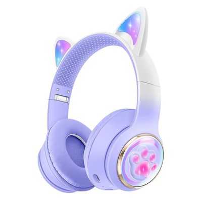 Cat Ear Bluetooth Headphones for Kids & Adults, RGB Light, Bluetooth 5.3 Wireless Foldable & Wired Multi-Function Over Ear Headphones with Mic and Volume Control for iPhone/iPad/Laptop/PC (purple)