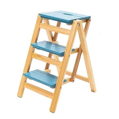 Multi-Function Ladder Folding 3 Step Ladder Stool, Foldable Solid Wood Ladder, Portable Lightweight Stepladder with Anti-Slip Wide Pedal, Wide Step Stool for Library Office Home 330lbs Drying Ladder (