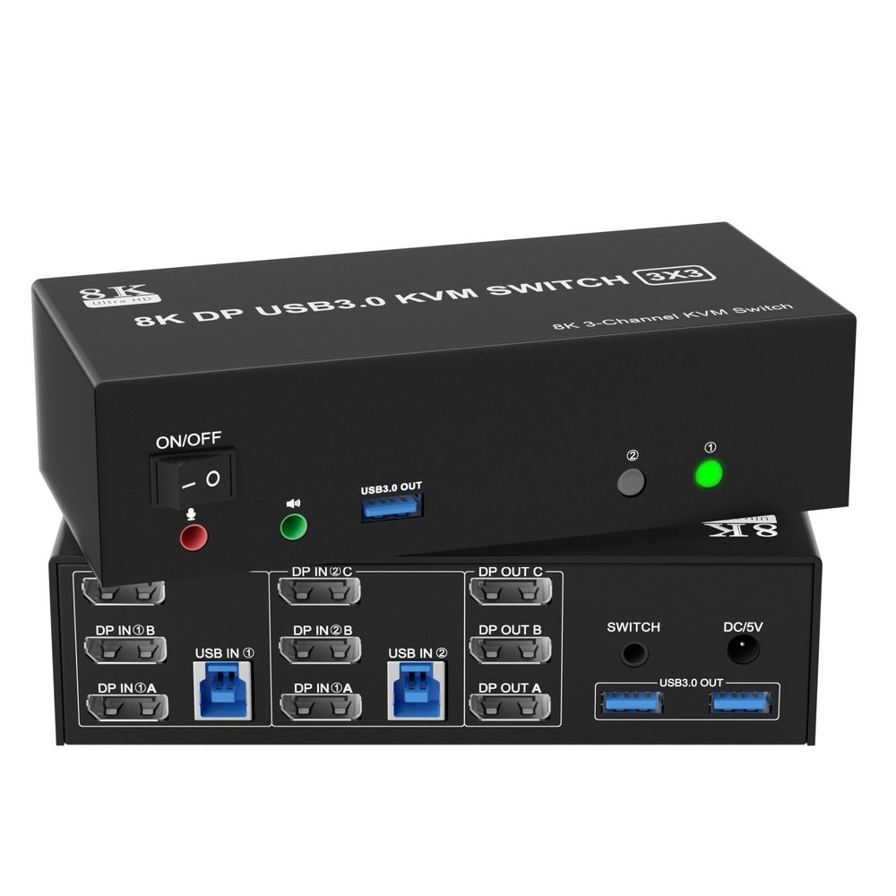 8K@60Hz KVM Switch 3 Monitors 2 Computers 4K@144Hz, DP 1.4 8K Displayport KVM Switch Triple Monitor for 2 Computer Share 3 Monitor, Audio Mic Port and 3 USB3.0 Devices, Wired Remote and 5V Adapter