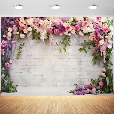 10x6.5ft Wedding Backdrop Rustic White Brick Wall Flowers Photography Background Bridal Shower Wedding Party Adults Portraits Decoration Supplies Photo Booth Props