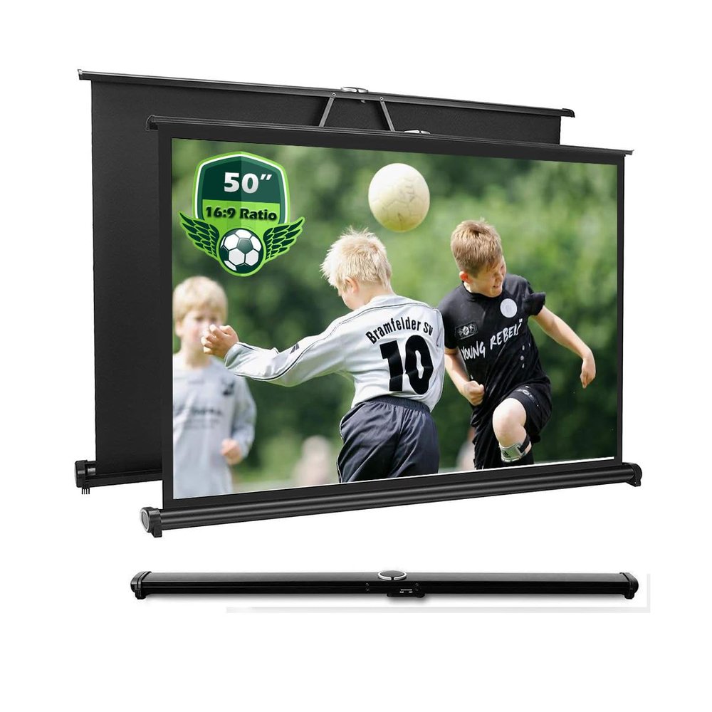 Tecdigbo 50 Inch Projector Screen Pull Down, 16:9 Projector Screen Retractable Tabletop Screen Tripod Stand for Home Theater Meeting Room, School Indoor Outdoor Ceiling Wall Mount Upgrade