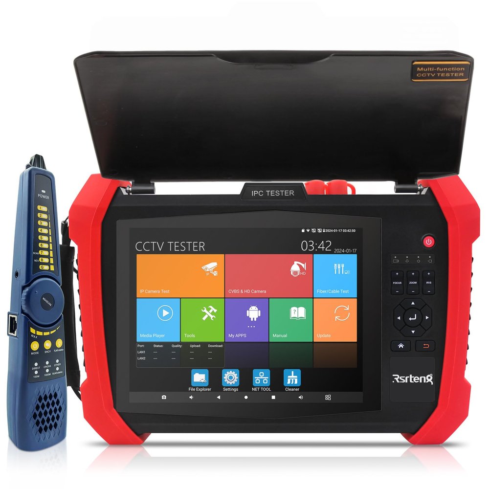 Rsrteng CCTV Tester 8K 32MP 12MP IP Camera Test POE++ Max 90W POE Camera Tester 4K 8MP TVI/CVI/AHD/SDI/CVBS WiFi Network Tools Cable Test Distance Meter 2CH SFP Port HD VGA DC Power Output