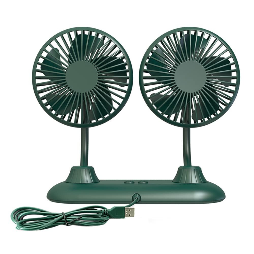 KACEPAR Car Fan Double-head USB 360 Rotation Car Mini Fan, Multifunctional Three-speed Fan for Home and Car, Green