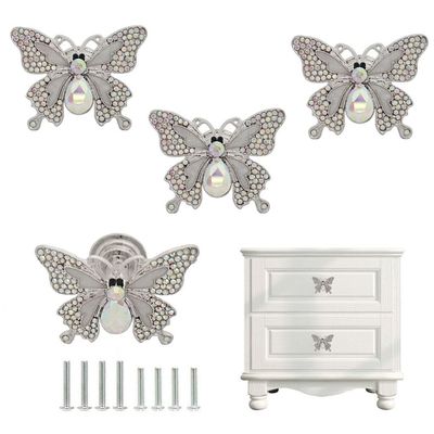 Sutfmwe Butterfly Knobs for Drawer Cabinet, Silver Color Butterfly Dresser Knobs, Unique Butterfly Pull Handles Natural Theme Decor Furniture Hardware Door Knobs 4PCS (Silver Colored)