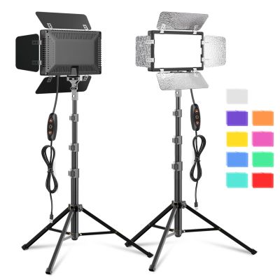 2 Pack LED Video Photography Lighting Kit with 54'' Tripod Stand, Dimmable 5600K USB Studio Lights with Barndoor -9 Color Lighting for Video Recording, Photo Studios, YouTube, TikTok, Game Streaming