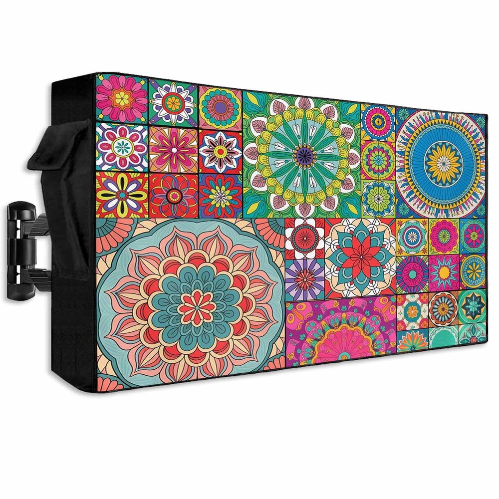 Abstract Ethnic Flower Outdoor TV Cover Waterproof & Weatherproof TV Covers with Roll Up Front Flat for 30-32 Inch,Outside Zipper TV Screen Protector Enclosuret,Ethnic Colorful Bohemia Mandala