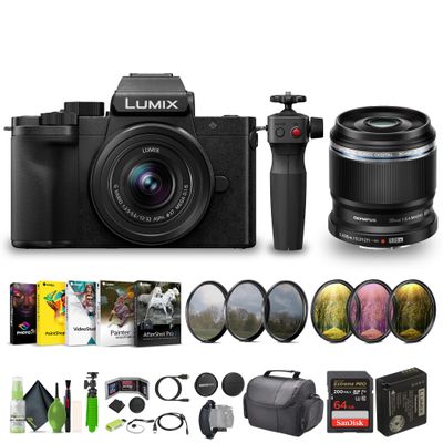 Panasonic Lumix G100D 4K Mirrorless Vlogging Camera with Tripod Grip, YouTube Vlogger Kit Bundle with 12-32mm Lens + M.Zuiko Digital ED 30mm f/3.5 Macro Lens Micro Four Thirds + Vlog Accessories