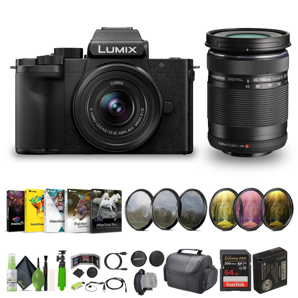 Panasonic Lumix G100D 4K Mirrorless Vlogging Camera, 5-Axis Hybrid I.S, YouTube Vlogger Kit Bundle with 12-32mm Lens + M.Zuiko Digital ED 40-150mm f/4-5.6 R Lens Micro Four Thirds + Vlog Accessories