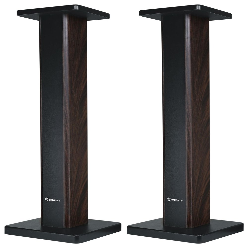 Rockville Pair RHT28D 28" Bookshelf Speaker Stands, Dark Wood Grain, 60 lbs Capacity, Sand-Fillable Design, Dual Platform Sizes, Anti-Slip Pads, for Home Theater and Studio Monitors