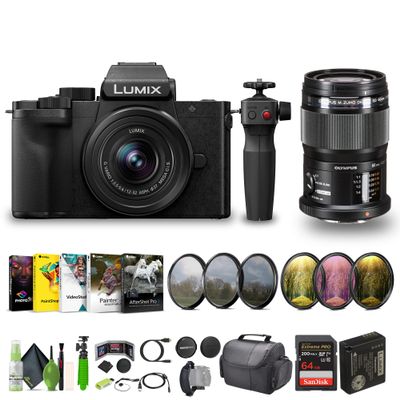Panasonic Lumix G100D 4K Mirrorless Vlogging Camera with Tripod Grip, YouTube Vlogger Kit Bundle with M.Zuiko Digital ED 60mm f/2.8 Macro Lens Micro Four Thirds and 12-32mm Lens + Vlog Accessories
