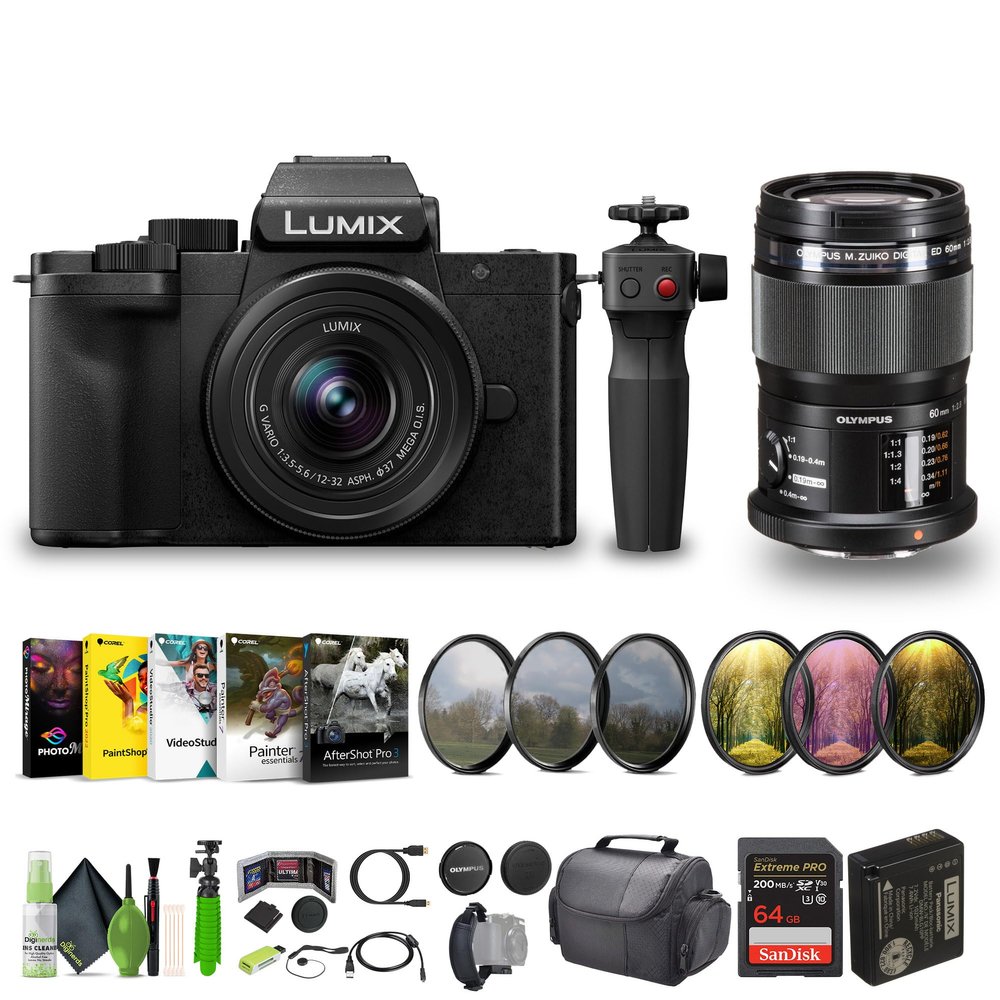 Panasonic Lumix G100D 4K Mirrorless Vlogging Camera with Tripod Grip, YouTube Vlogger Kit Bundle with M.Zuiko Digital ED 60mm f/2.8 Macro Lens Micro Four Thirds and 12-32mm Lens + Vlog Accessories