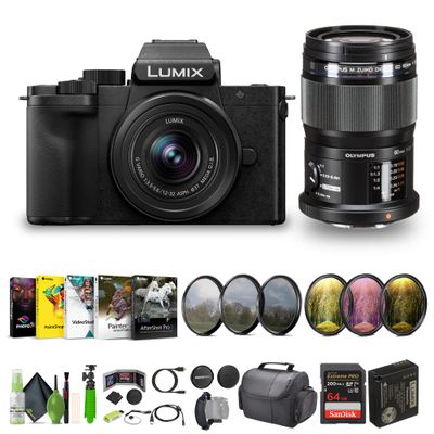 Panasonic Lumix G100D 4K Mirrorless Vlogging Camera, 5-Axis Hybrid I.S, YouTube Vlogger Kit Bundle with M.Zuiko Digital ED 60mm f/2.8 Macro Lens Micro Four Thirds and 12-32mm Lens + Vlog Accessories