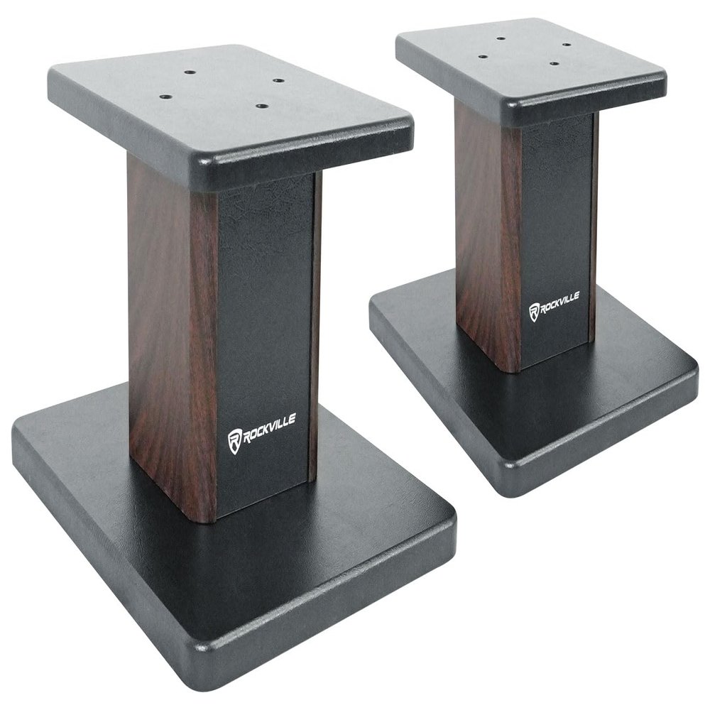 Rockville RHT8D Desktop Speaker Stands, Dark Wood, 66 lbs Capacity, Vibration Isolation Pads, Sturdy MDF Build, Sleek Design, for Bookshelf Speakers and Studio Monitors
