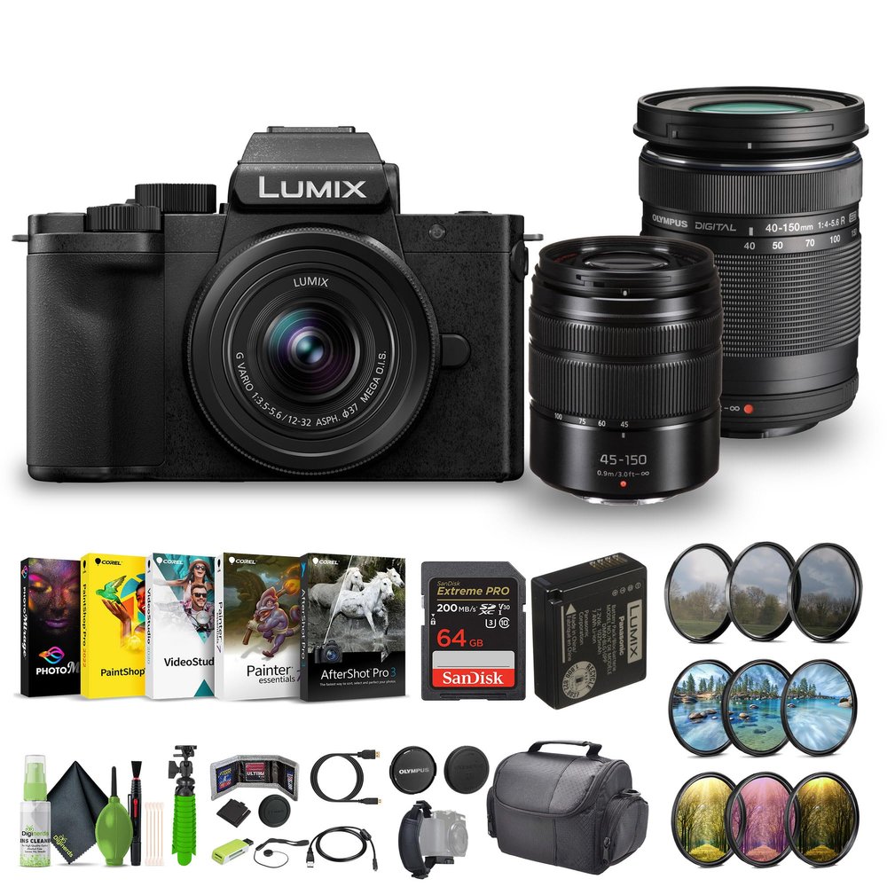 Panasonic Lumix G100D 4K Mirrorless Vlogging Camera, YouTube Vlogger Kit Bundle with 12-32mm Lens and G Vario 45-150mm+ M.Zuiko Digital ED 40-150mm f/4-5.6 R Lens Micro Four Thirds + Vlog Accessories