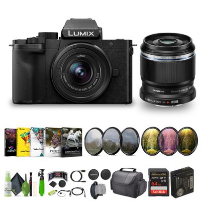 Panasonic Lumix G100D 4K Mirrorless Vlogging Camera, 5-Axis Hybrid I.S, YouTube Vlogger Kit Bundle with 12-32mm Lens + M.Zuiko Digital ED 30mm f/3.5 Macro Lens Micro Four Thirds + Vlog Accessories