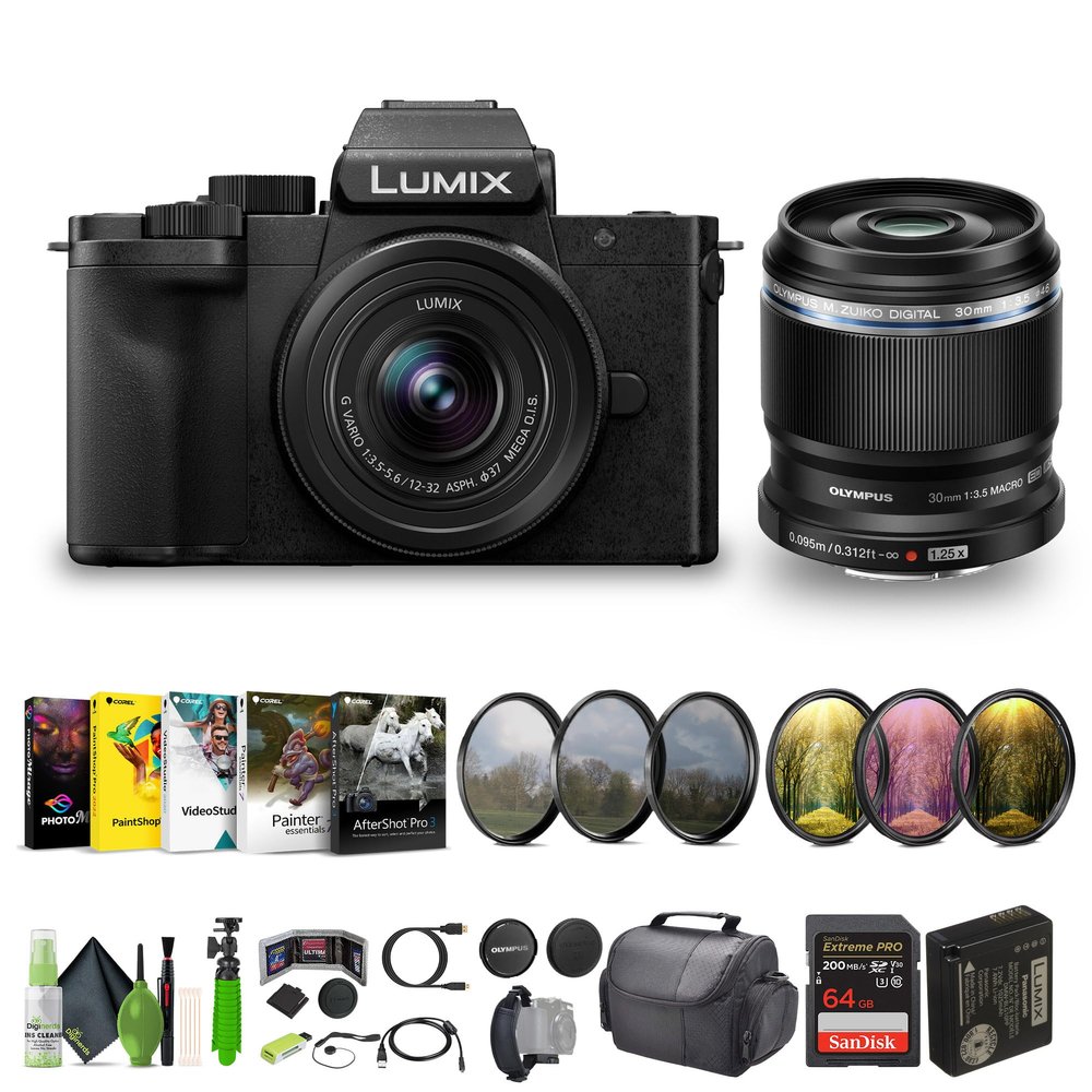 Panasonic Lumix G100D 4K Mirrorless Vlogging Camera, 5-Axis Hybrid I.S, YouTube Vlogger Kit Bundle with 12-32mm Lens + M.Zuiko Digital ED 30mm f/3.5 Macro Lens Micro Four Thirds + Vlog Accessories