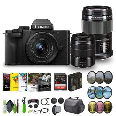 Panasonic Lumix G100D 4K Mirrorless Vlogging Camera, YouTube Vlogger Kit Bundle with M.Zuiko Digital ED 60mm f/2.8 Macro Lens Micro Four Thirds + 12-32mm + G Vario 45-150mm Lenses + Vlog Accessories