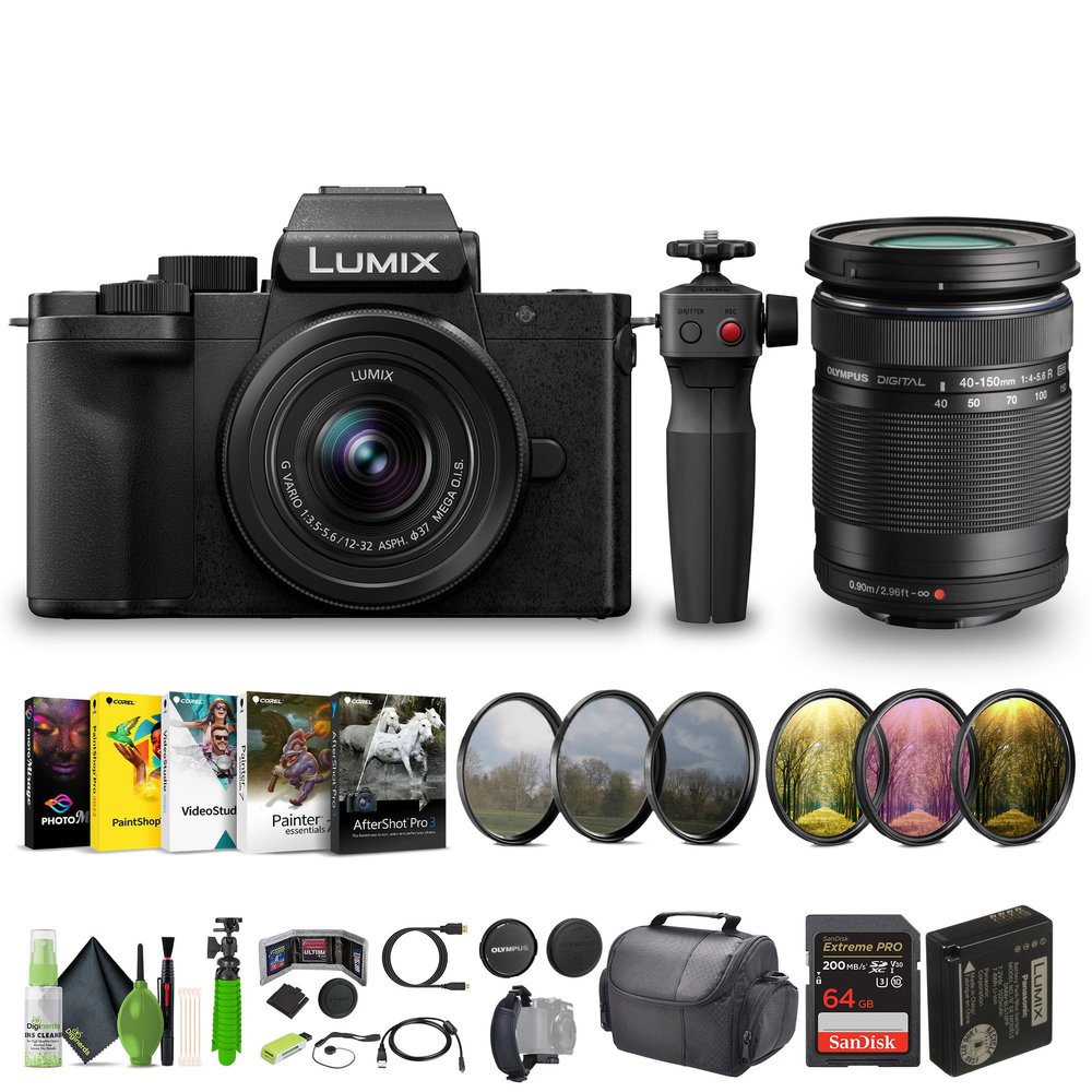 Panasonic Lumix G100D 4K Mirrorless Vlogging Camera, with 12-32mm Lens and Tripod Grip, YouTube Vlogger Kit Bundle with M.Zuiko Digital ED 40-150mm f/4-5.6 R Lens Micro Four Thirds + Vlog Accessories