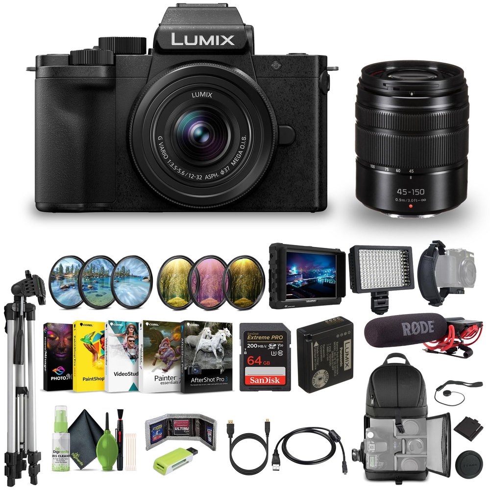 Panasonic Lumix G100D 4K Mirrorless Vlogging Camera with 12-32mm Lens and G Vario 45-150mm, Vlogger Bundle with Lilliput 7" Monitor + Tripod + Cleaning Kit + RODE Video Microphone + Accessories