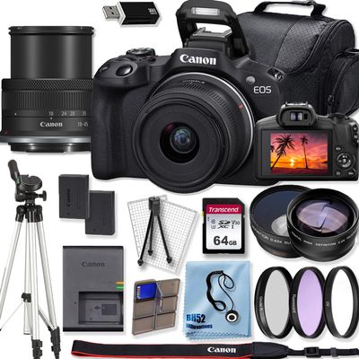 Canon EOS R50 Mirrorless Camera with Canon RF-S 18-45mm f/4.5-6.3 is STM Lens+Tripod+64GB Memory Card+Telephoto+Wide Angle Lenses +3pcs (UV/CPL/FLD) Filter Kit + Deluxe Accessory Bundle (Renewed)