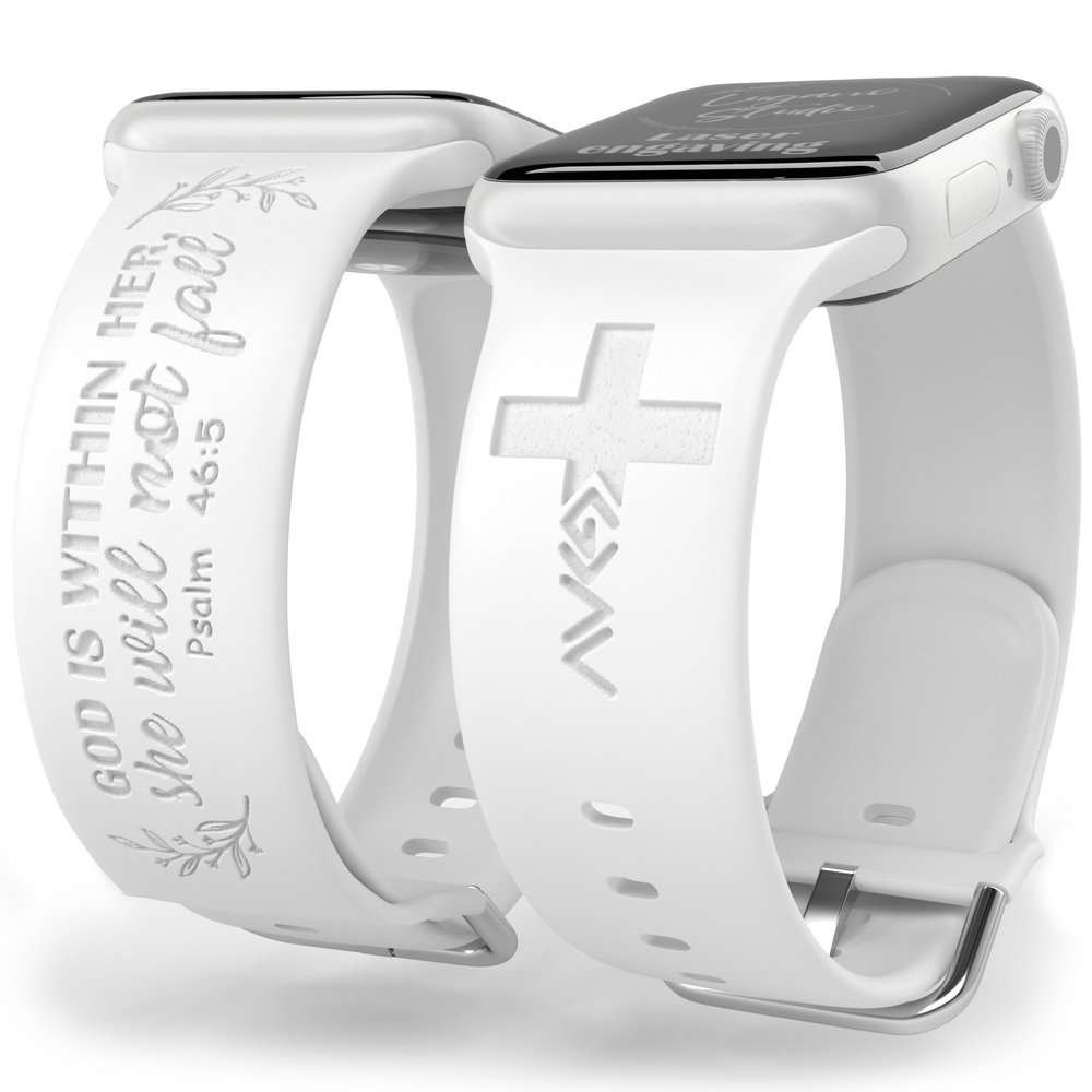 God is Within Her Watch Band compatible with Apple Watch Laser Engraved iWatch Band Silicone 38mm 40mm 41mm 42mm 44mm 45mm 49mm Strap Jesus God Christian Psalm Gift (38/40/41mm S/M, White)