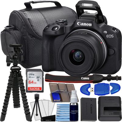 Canon EOS R50 Mirrorless Camera w/RF-S 18-45mm f/4.5-6.3 is STM Lens Bundle with SanDisk 64GB Memory Card, 12"" Flex Tripod, High Speed Card Reader + Photo Kit (24 Items) (Renewed), Black