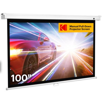 KODAK Manual Pull-Down White Projector Screen 100" Inch | Large 16:9 Office, Home Movie Theater Screen with Wall & Ceiling Mount Options, Easy-Clean Matte Fabric & Retractable Hanging Design | Indoor.
