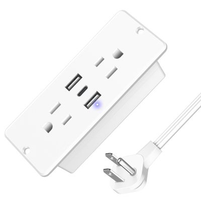 HHSOET 5 in 1 Recessed Power Strip Flat Plug, 20W Fast Charging Furniture Outlet with USB, Conference Recessed Socket with 2 AC Plugs, 2 USB Ports 1 USB-C, 10ft Power Cord. (White)