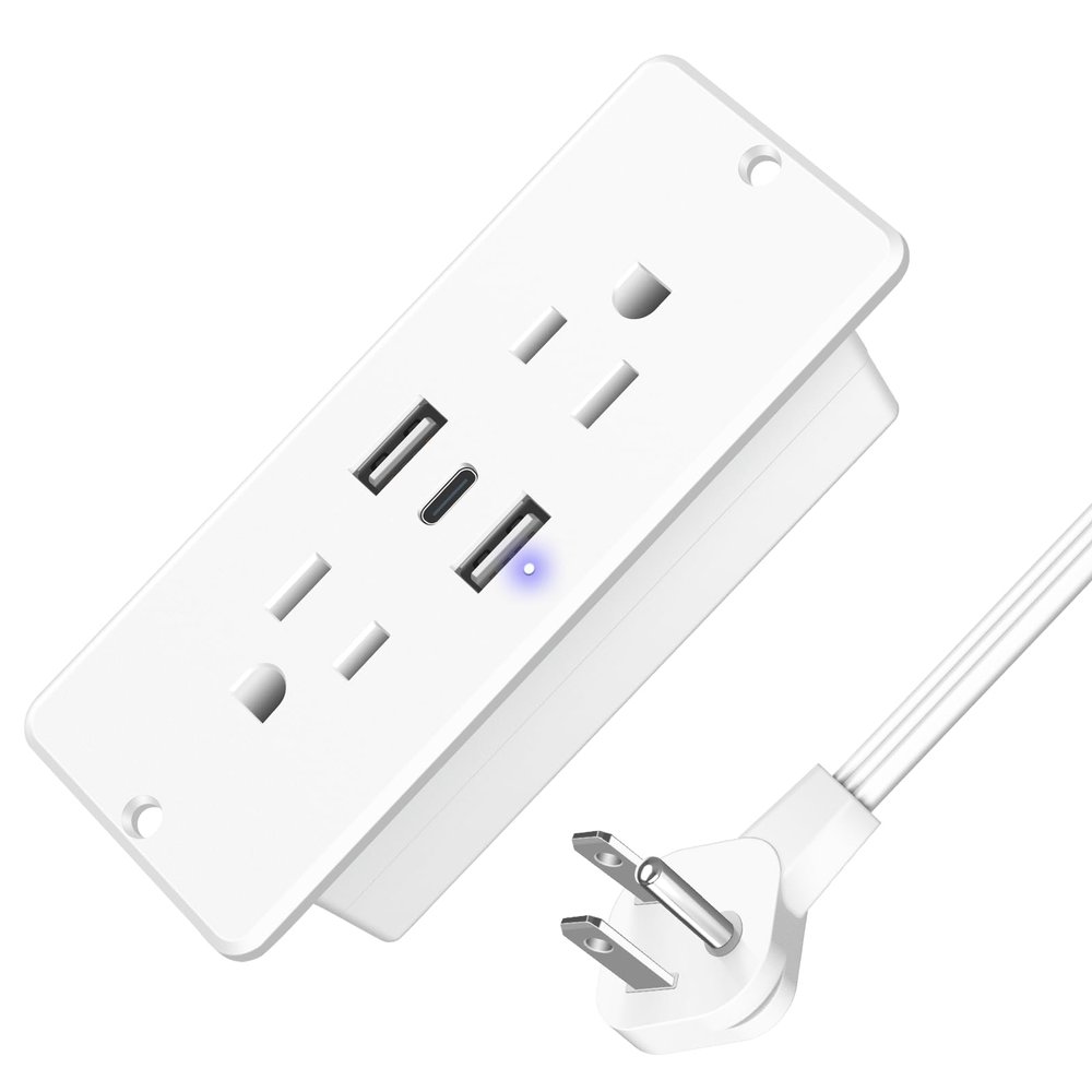 HHSOET 5 in 1 Recessed Power Strip Flat Plug, 20W Fast Charging Furniture Outlet with USB, Conference Recessed Socket with 2 AC Plugs, 2 USB Ports 1 USB-C, 10ft Power Cord. (White)