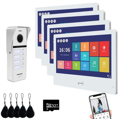 Wired Apartment Video Doorbell Intercom System,4 Units 10 Inch Touch WiFi Monitor,Wireless Video Door Phone Kit,Indoor Outdoor Support Monitoring,Unlocking,Two Way Intercom Tuya for Home Vally