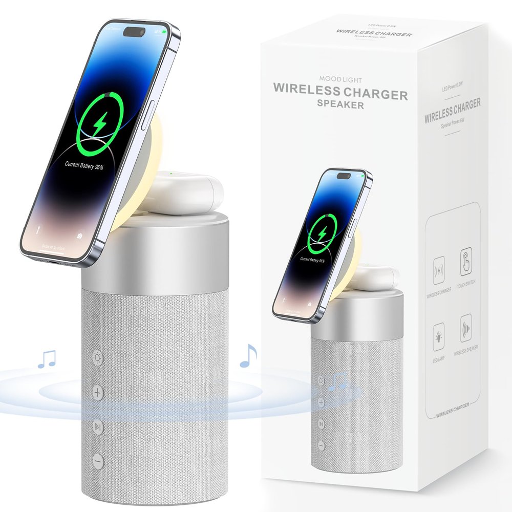 COLSUR Bluetooth Speaker, Magnetic Wireless Charger, Bluetooth Speakers with Night Light, 2 in 1 Wireless Charging Station for iPhone 17/16/15/14/13/12 Series, AirPods Pro 2/4/3/2Gift Ideal(Gray)